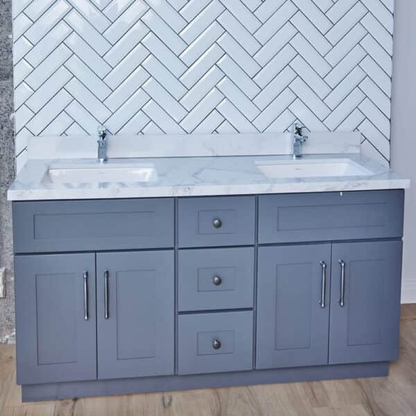 WSDG-3V5920DD-1-1.jpg Gray double-sink bathroom vanity with marble countertop and herringbone tile backsplash.