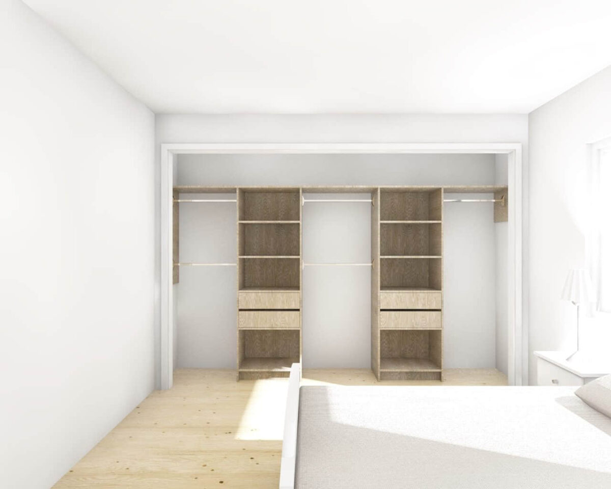 Modern wooden wardrobe with open shelves and drawers in a bright bedroom.