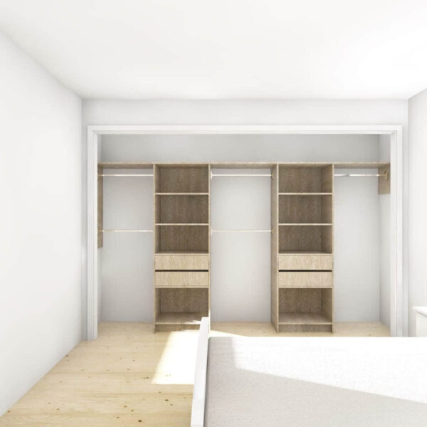 Modern wooden wardrobe with open shelves and drawers in a bright bedroom.
