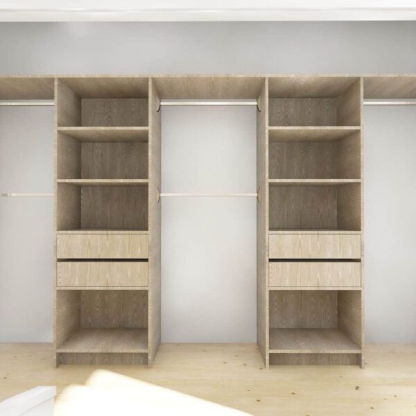 Spacious wooden wardrobe with shelves and hanging rods.