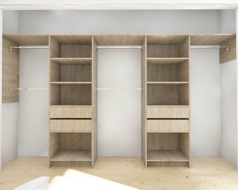 Spacious wooden wardrobe with shelves and hanging rods.
