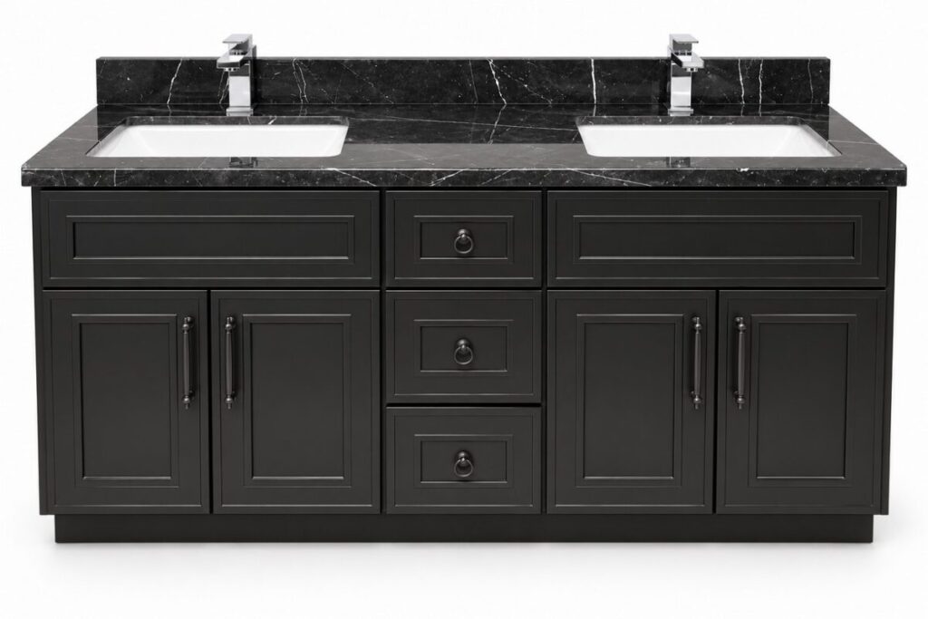[Assembled] Freestanding Black Eden Shaker Vanity 1500mm ( Solid Wood ) Black Marble Top – front view