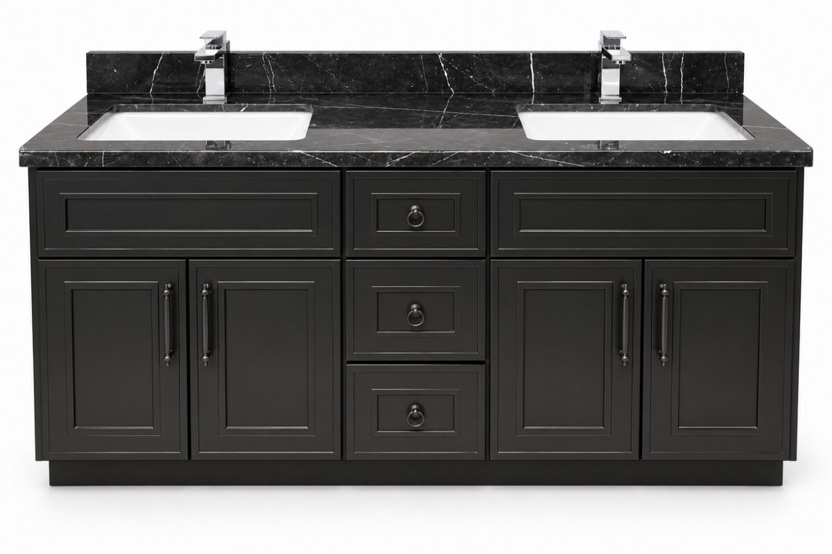 [Assembled] Freestanding Black Eden Shaker Vanity 1500mm ( Solid Wood ) Black Marble Top – front view