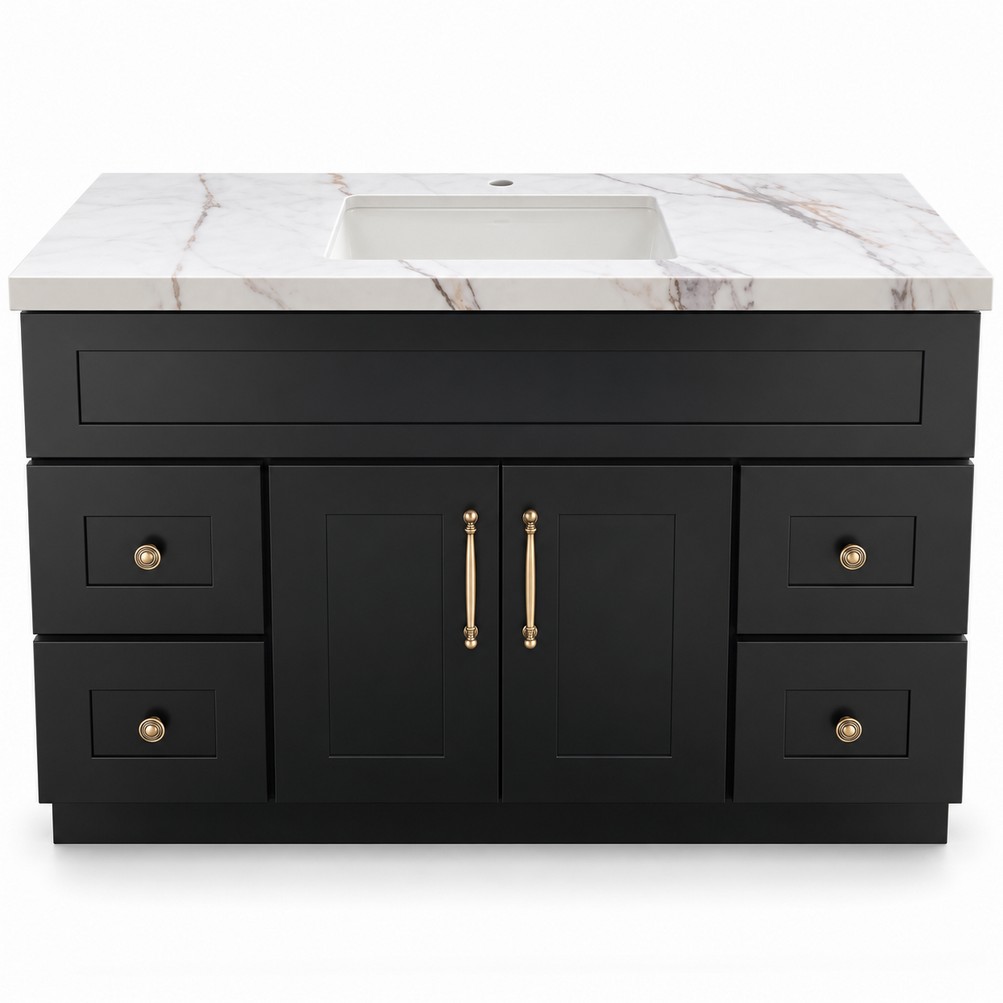 Black Freestanding Vanity 1200mm – Solid Wood with 36mm Stone Top & Shaker Styles – front product view