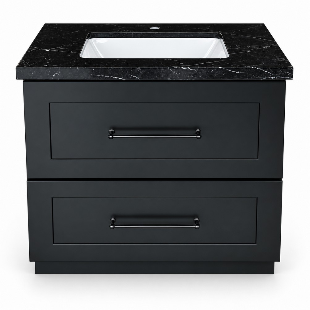 Black Marbal Top Freestanding Vanity 800mm with Drawers – Solid Wood – front product view