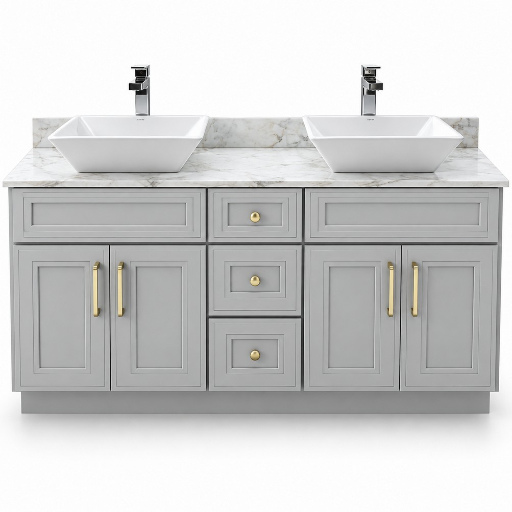 Light Grey Freestanding Vanity 1500mm with White Marble Top – Solid Wood – front view