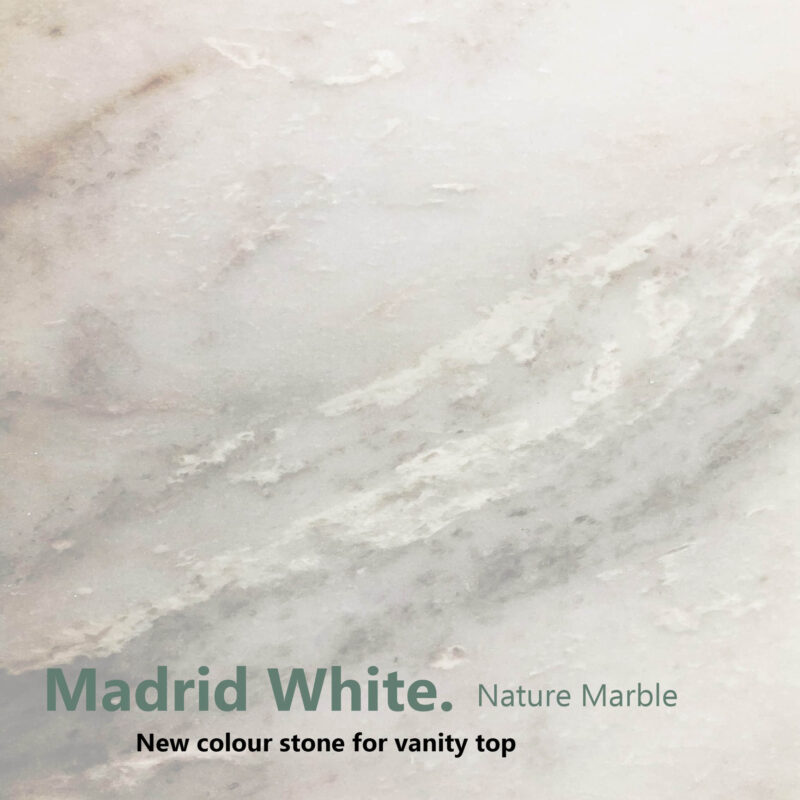 Marble texture, labeled "Madrid White," for vanity tops.