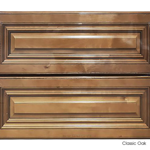 Classic oak vanity with two paneled drawers.