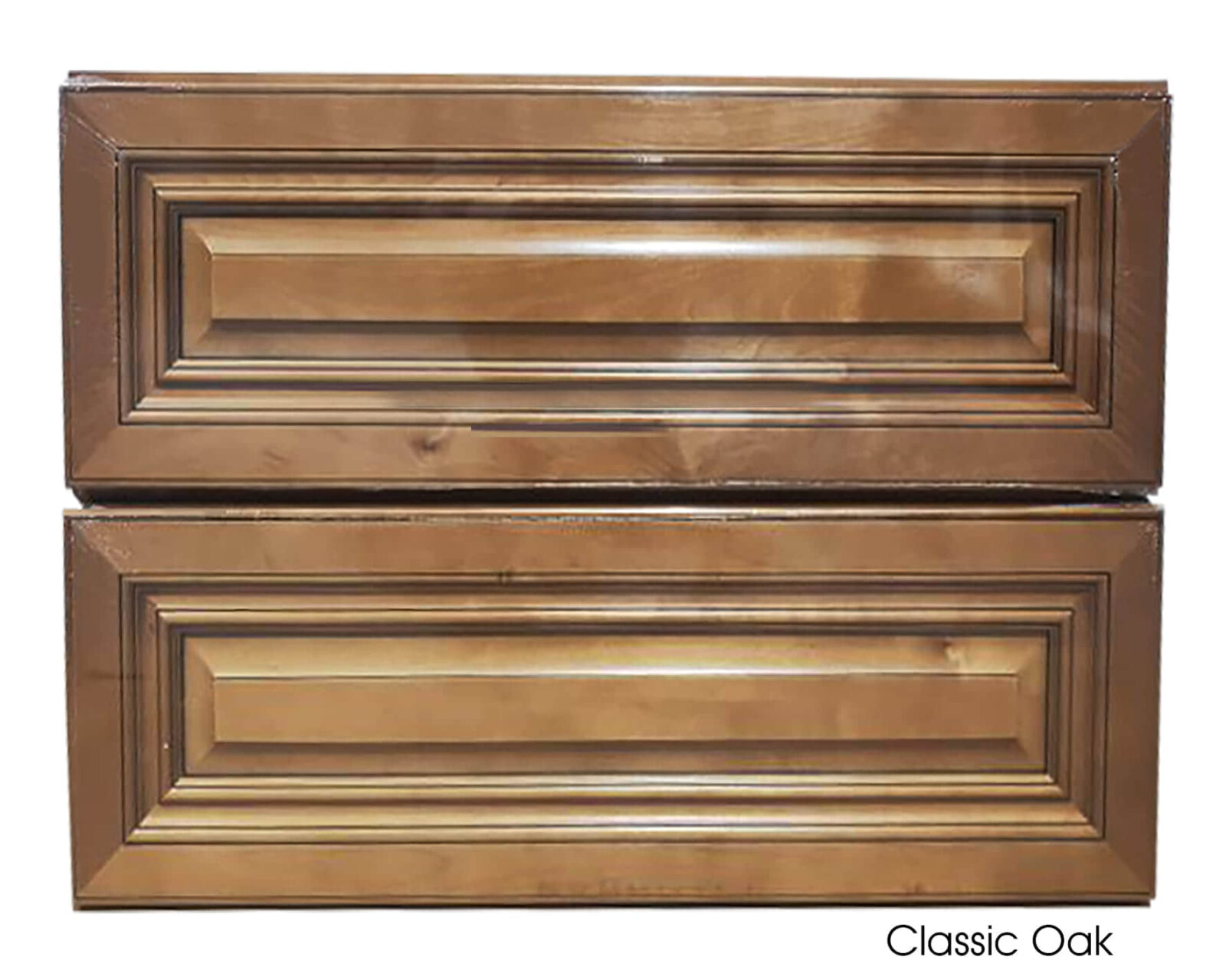 Classic oak vanity with two paneled drawers.