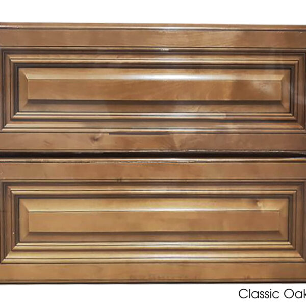 Classic oak vanity with two paneled drawers.