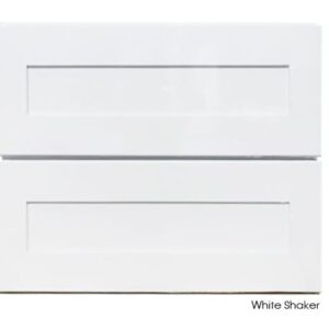 White shaker style vanity cabinet with two drawers.