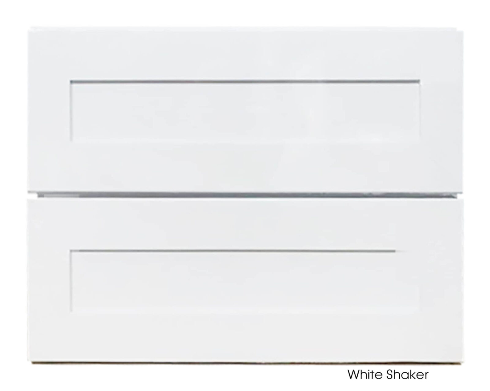 White shaker vanity cabinet with two drawers.