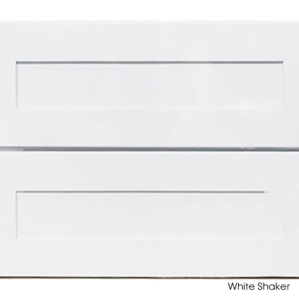 White shaker vanity cabinet with two drawers.