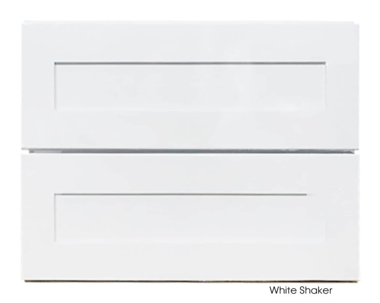 White shaker vanity cabinet with two drawers.