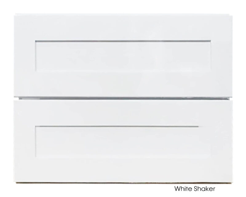White shaker vanity cabinet with two drawers.