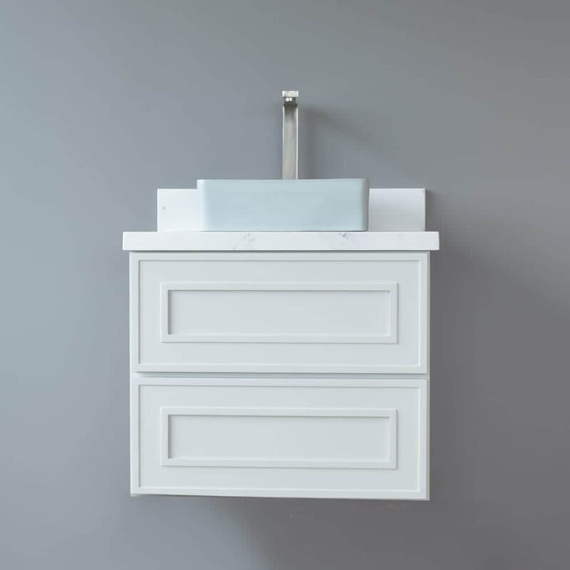 White wall-mounted vanity with two drawers and a modern sink.