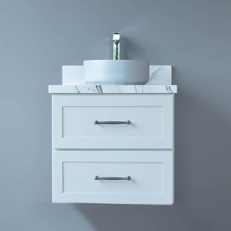 White wall-mounted vanity with two drawers and a round basin.