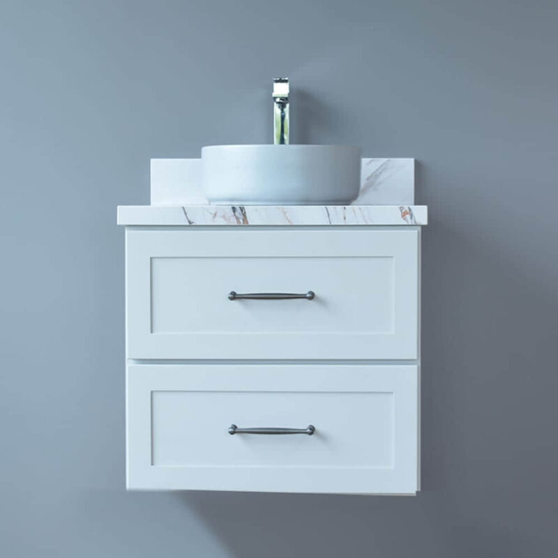 White wall-mounted vanity with two drawers and a round basin.
