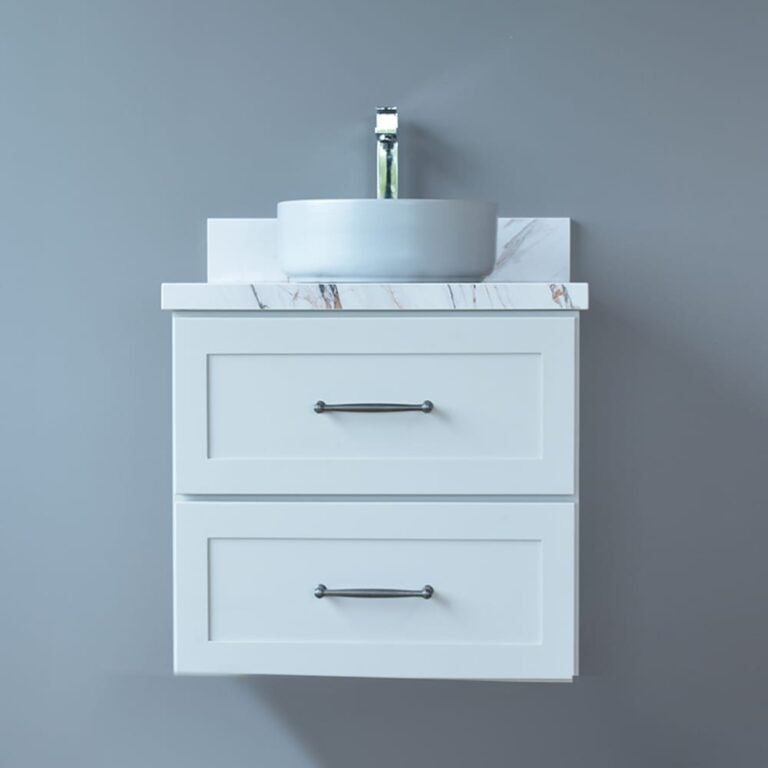 Light grey wall vanity with two drawers and round basin.
