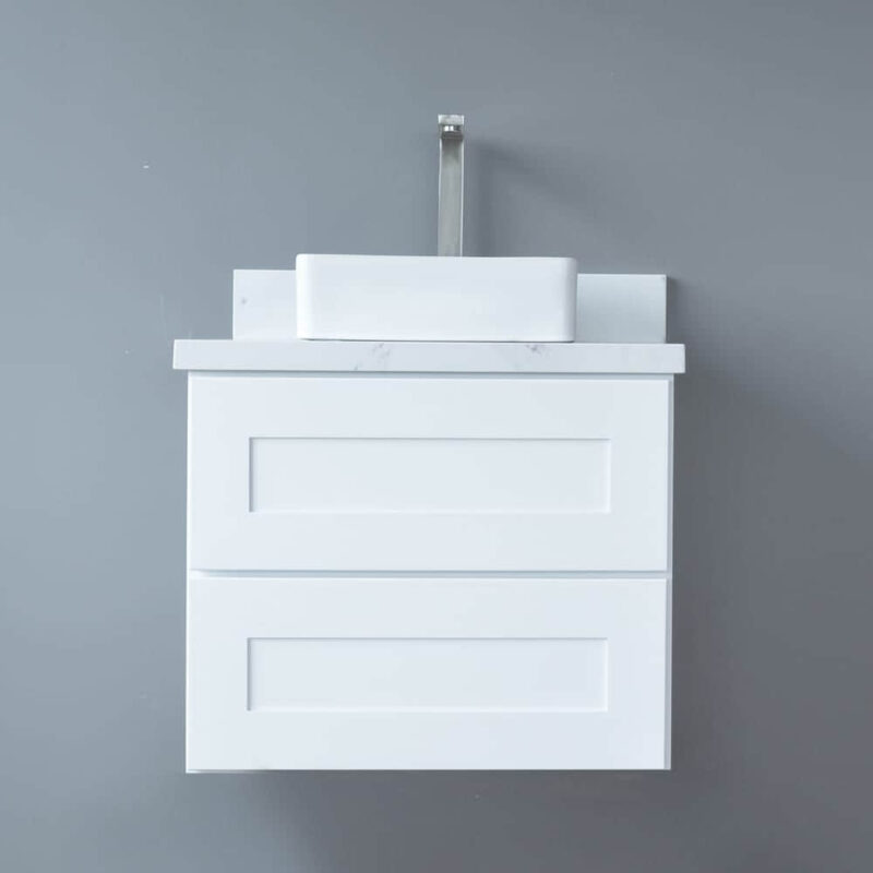 White wall-mounted vanity with two drawers against a gray background.