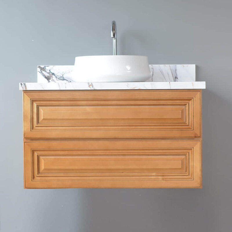 Wall-mounted oak vanity with marble countertop and white basin.
