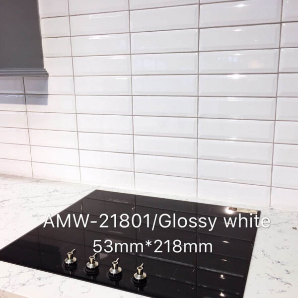 Glossy white kitchen tiles with stovetop, AMW-21801, 53mm x 218mm.