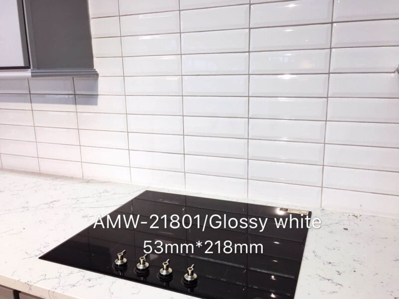 Glossy white kitchen tiles with stovetop, AMW-21801, 53mm x 218mm.