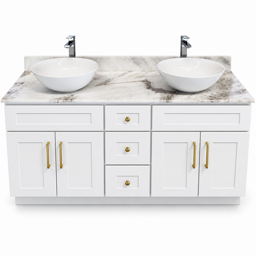 White Freestanding Vanity 1500mm White Marble Top – Solid Wood – front view