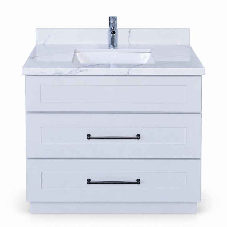 White Freestanding Vanity 900mm with Drawers – Solid Wood – front product view