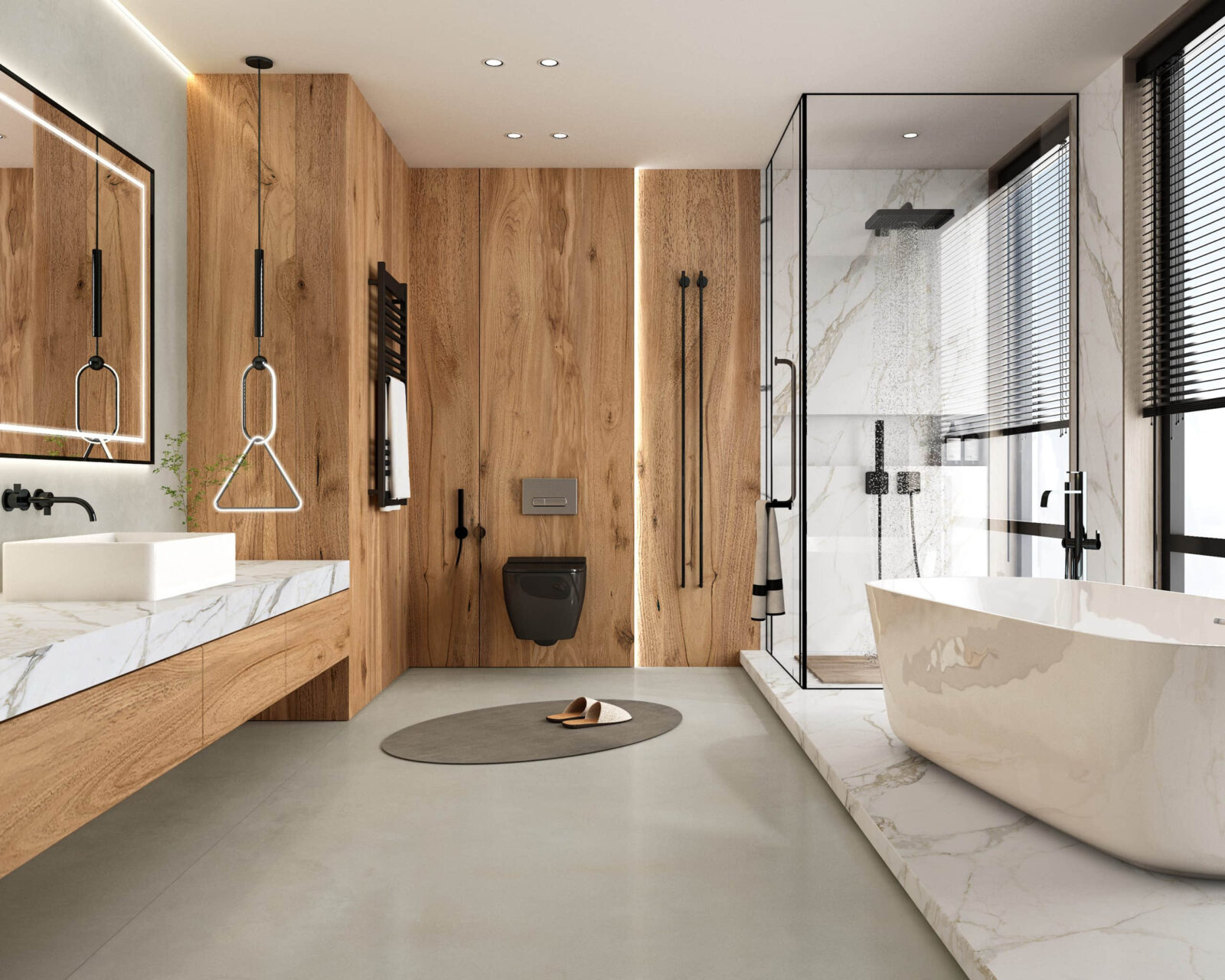 Modern bathroom with wood accents, marble surfaces, and a freestanding bathtub.
