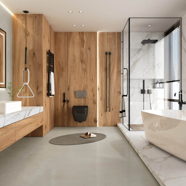 Modern bathroom with wood accents, marble surfaces, and a freestanding bathtub.