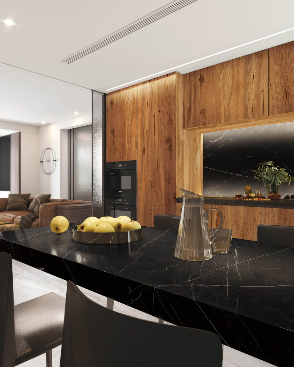 Modern dining room with black marble table and wooden accent wall.