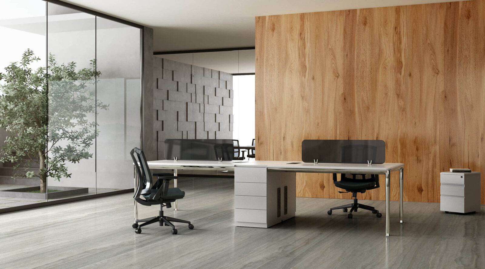 Modern office with wooden accents and ergonomic chairs.