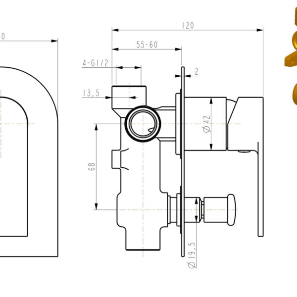 Technical drawing of a wall-mounted shower mixer with dimensions.
