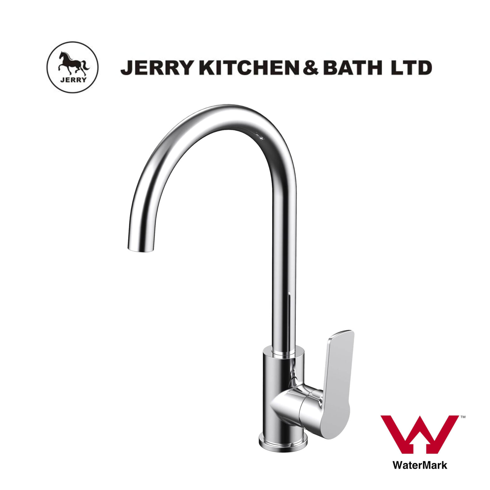 Chrome kitchen faucet by Jerry Kitchen & Bath Ltd, WaterMark certified.