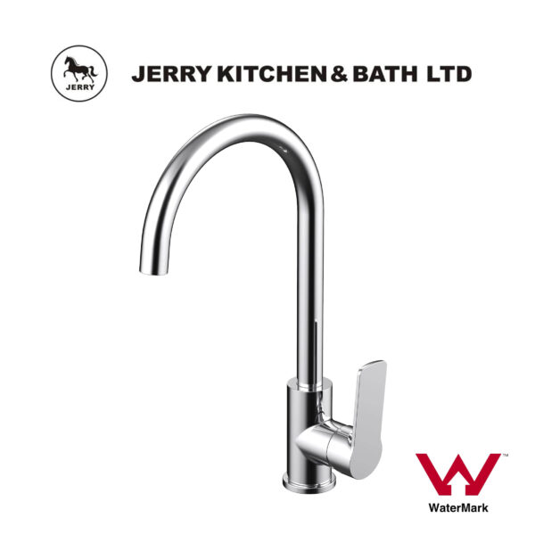Chrome kitchen faucet by Jerry Kitchen & Bath Ltd, WaterMark certified.