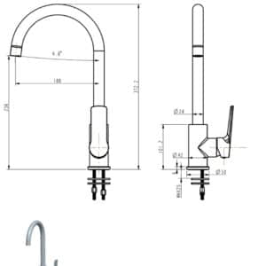Diagram of a kitchen faucet with measurements.