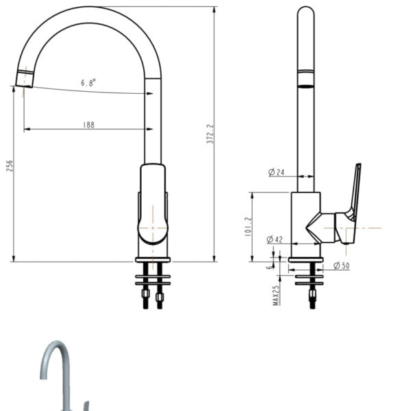 Diagram of a kitchen faucet with measurements.