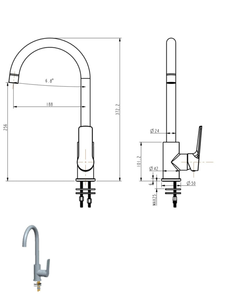 Diagram of a kitchen faucet with measurements.