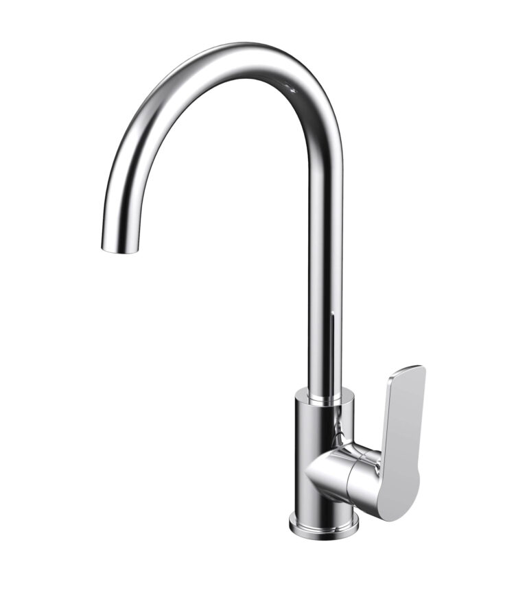 Modern chrome kitchen faucet with a sleek, curved spout design.