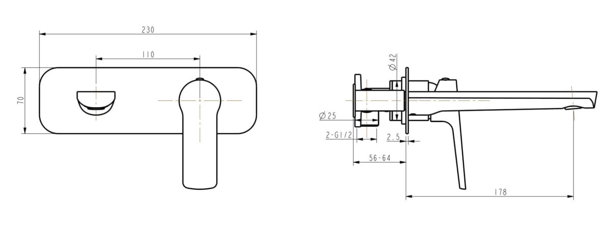 Technical drawing of a wall-mounted faucet with dimensions.