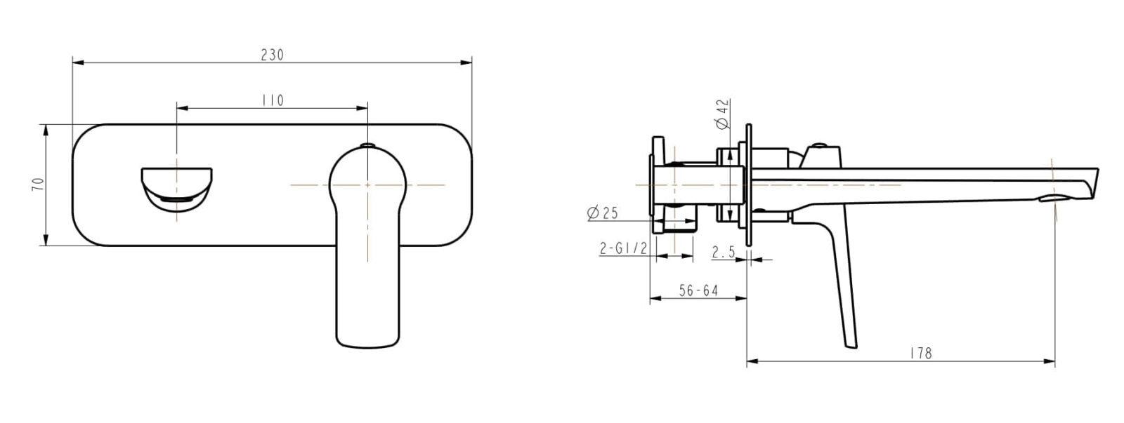 Technical drawing of a wall-mounted faucet with dimensions.