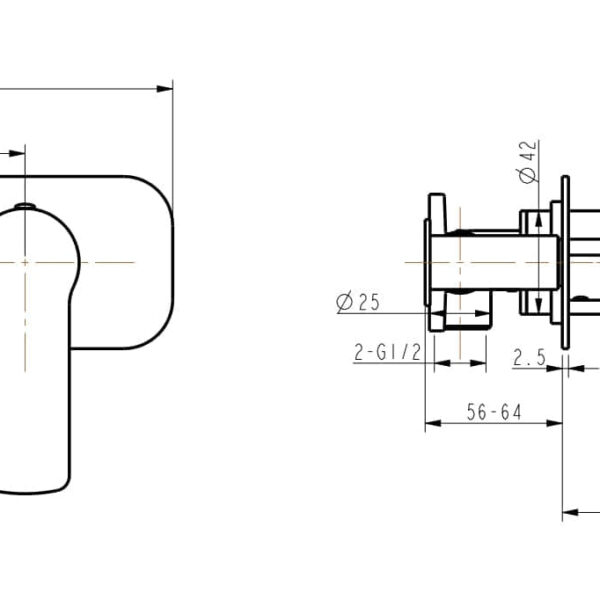 Technical drawing of a wall-mounted faucet with dimensions.