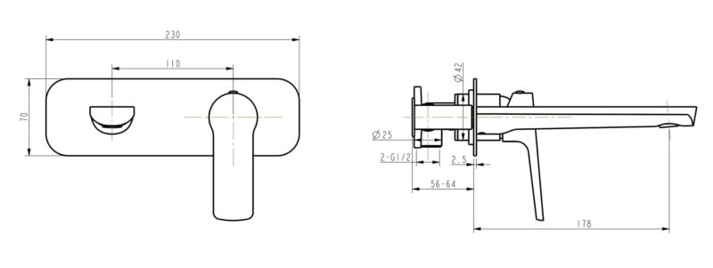 Technical drawing of a wall-mounted faucet with dimensions.