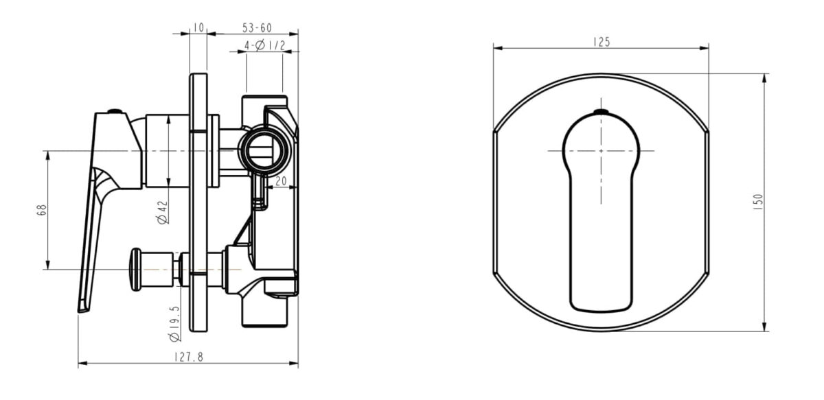 Technical drawing of a shower mixer with dimensions and specifications.