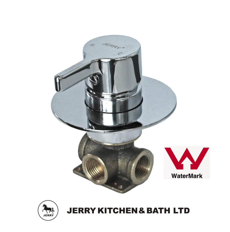 Chrome faucet valve with Jerry Kitchen & Bath Ltd logo and WaterMark certification.