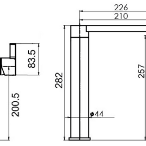 Technical drawing of a kitchen faucet with dimensions.