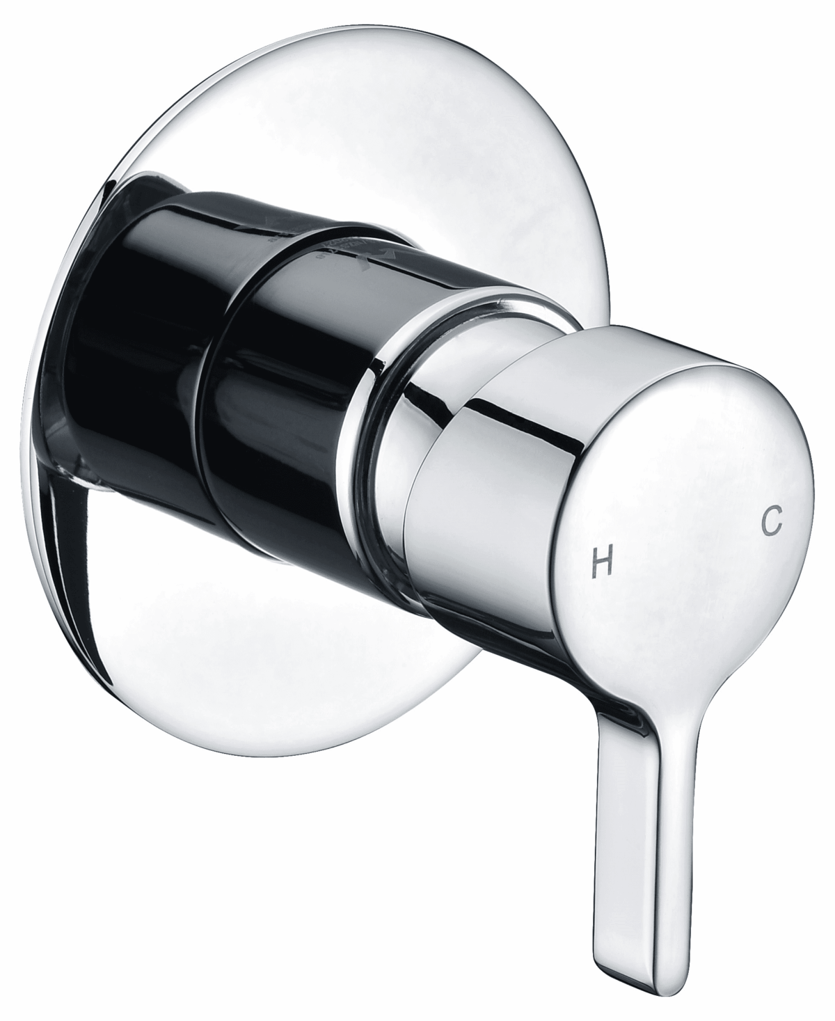 Chrome shower mixer with hot and cold settings.