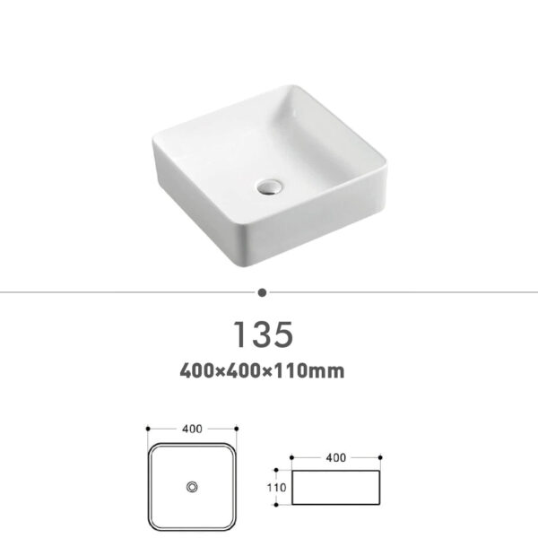 Square white ceramic sink with dimensions 400x400x110mm.