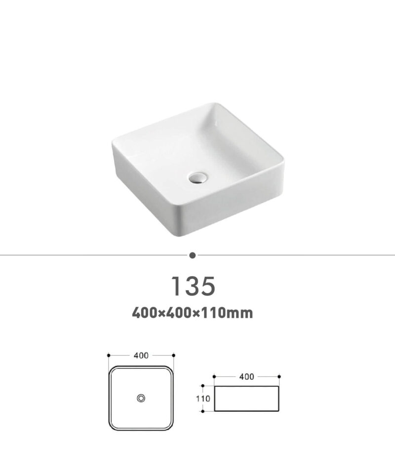 Square white ceramic sink with dimensions 400x400x110mm.